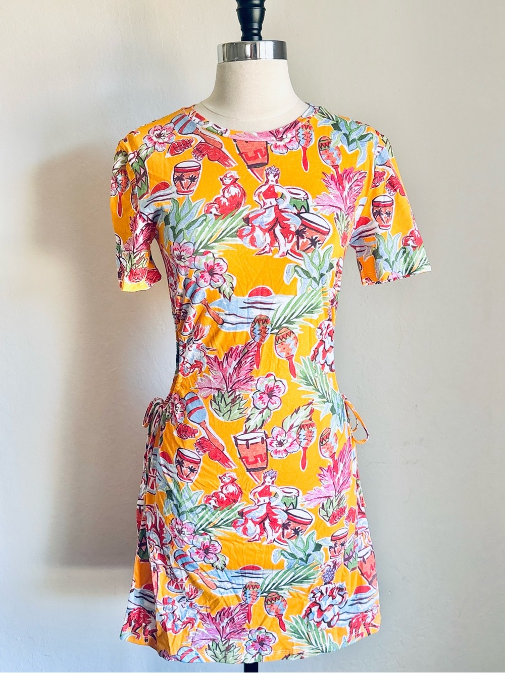 Zara Orange Mix Tropical Print Cotton T-Shirt Mini Dress, Small